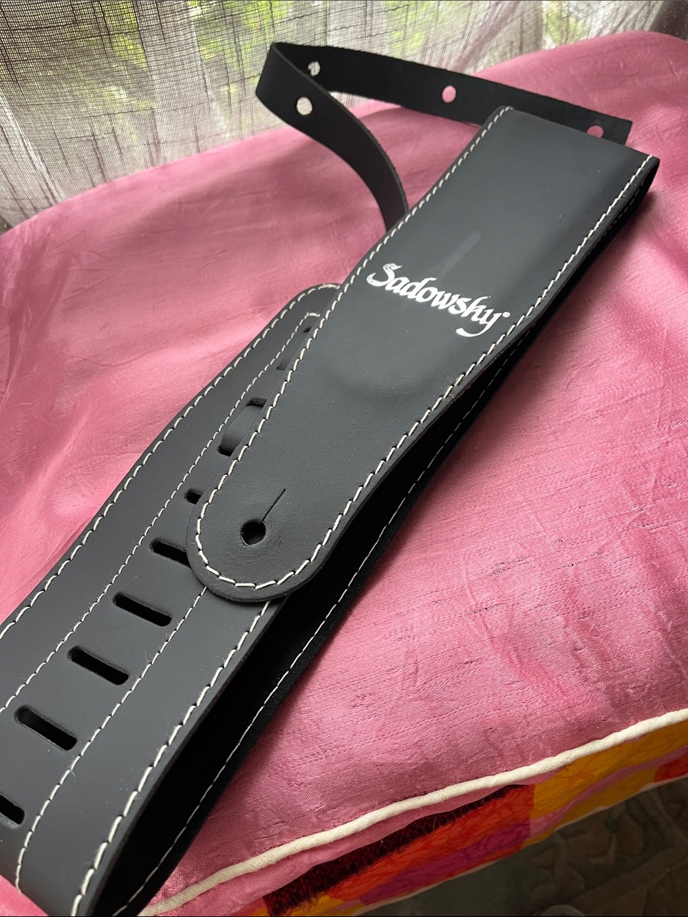 Sadowsky Black Leather Guitar Strap with White Stitching